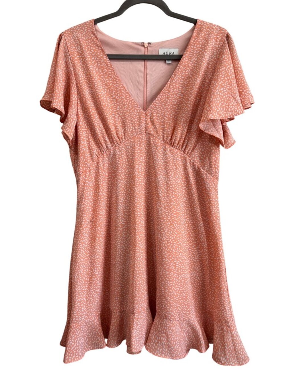 Aura Womens Pink Flutter Sleeve Mini Dress V-Neck Ruffle Hem Lightweight L